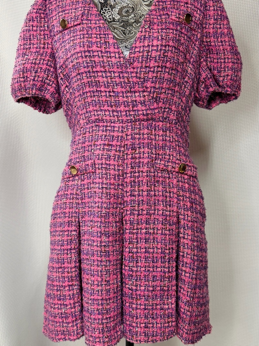 Textured Pink Tweed Mini Dress with Button Accents